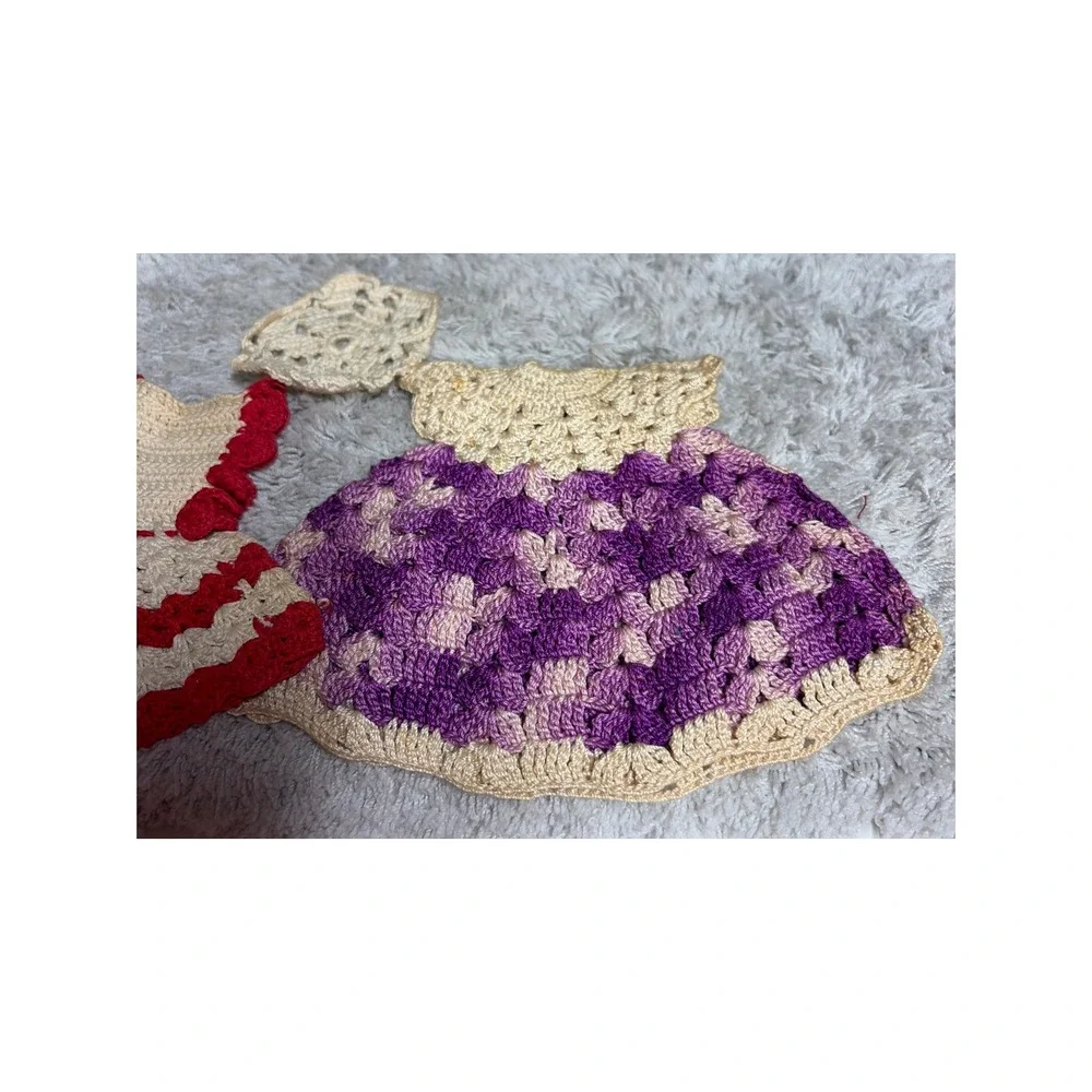 Lot of 2 Vintage Cotton Hand Crocheted Pot‎ Holder/ Dresses Red- Purple READ